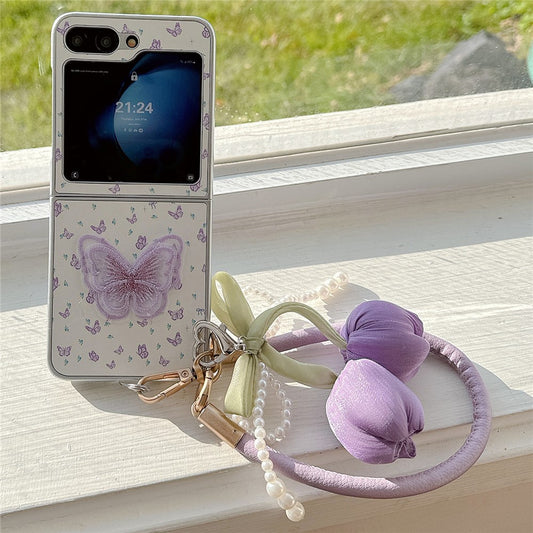 For Samsung Galaxy Z Flip7 FE 5G / Z Flip6 5G Case Leather+PC Butterfly Phone Cover with Tulip Hand Strap