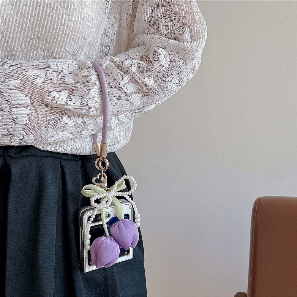 For Samsung Galaxy Z Flip7 FE 5G / Z Flip6 5G Case Leather+PC Butterfly Phone Cover with Tulip Hand Strap