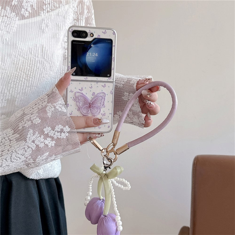 For Samsung Galaxy Z Flip7 FE 5G / Z Flip6 5G Case Leather+PC Butterfly Phone Cover with Tulip Hand Strap