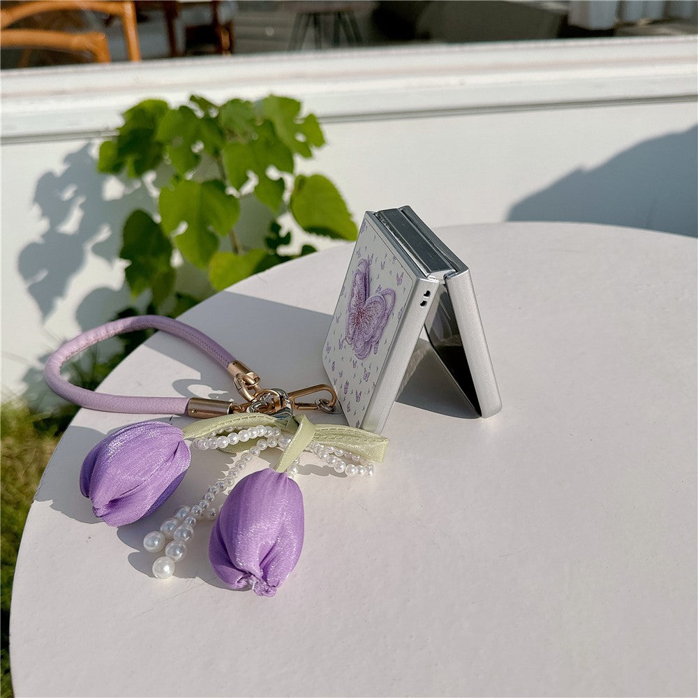 For Samsung Galaxy Z Flip7 FE 5G / Z Flip6 5G Case Leather+PC Butterfly Phone Cover with Tulip Hand Strap