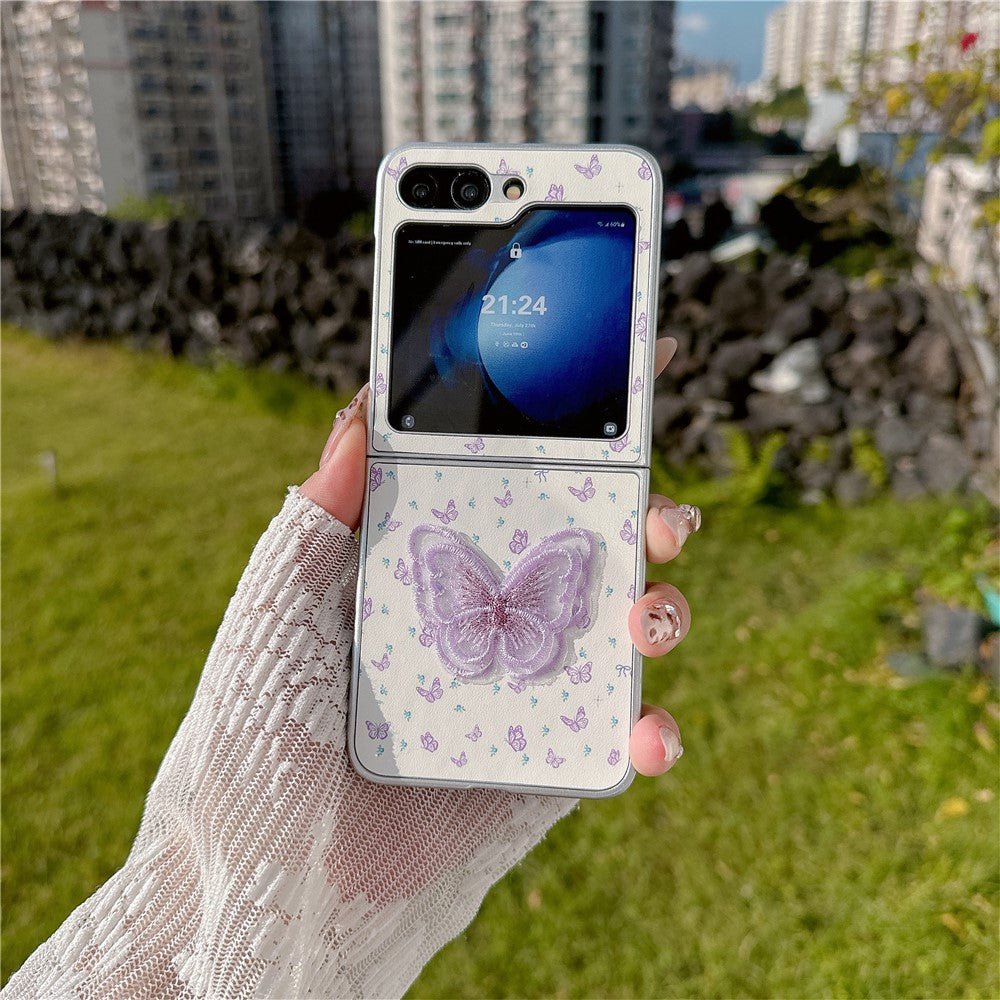 For Samsung Galaxy Z Flip7 FE 5G / Z Flip6 5G Case Leather+PC Butterfly Phone Cover with Tulip Hand Strap