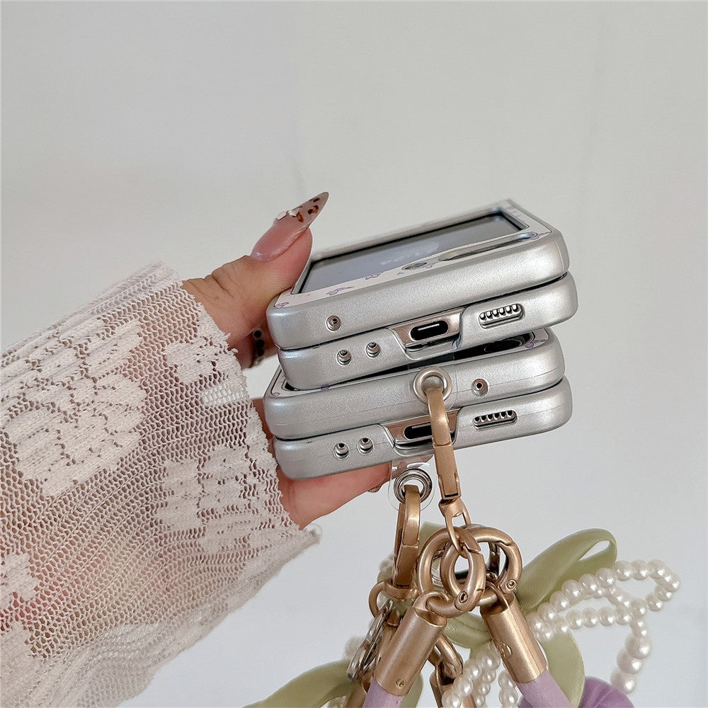 For Samsung Galaxy Z Flip7 FE 5G / Z Flip6 5G Case Leather+PC Butterfly Phone Cover with Tulip Hand Strap