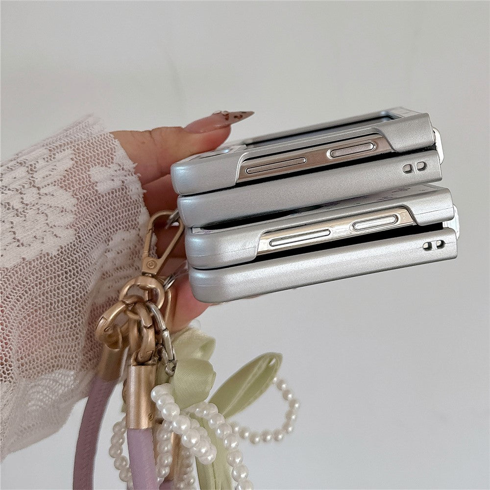 For Samsung Galaxy Z Flip7 FE 5G / Z Flip6 5G Case Leather+PC Butterfly Phone Cover with Tulip Hand Strap