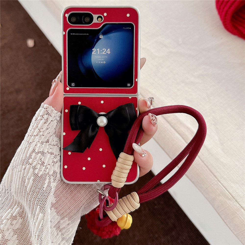 For Samsung Galaxy Z Flip7 FE 5G / Z Flip6 5G Case Dots Bowknot Leather+PC Phone Cover with Hand Strap