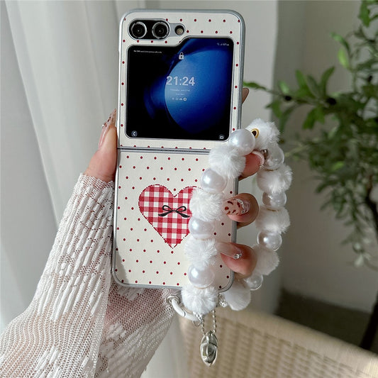 For Samsung Galaxy Z Flip7 FE 5G / Z Flip6 5G Case Dots Heart Pattern Leather+PC Phone Cover with Hand Strap - Red