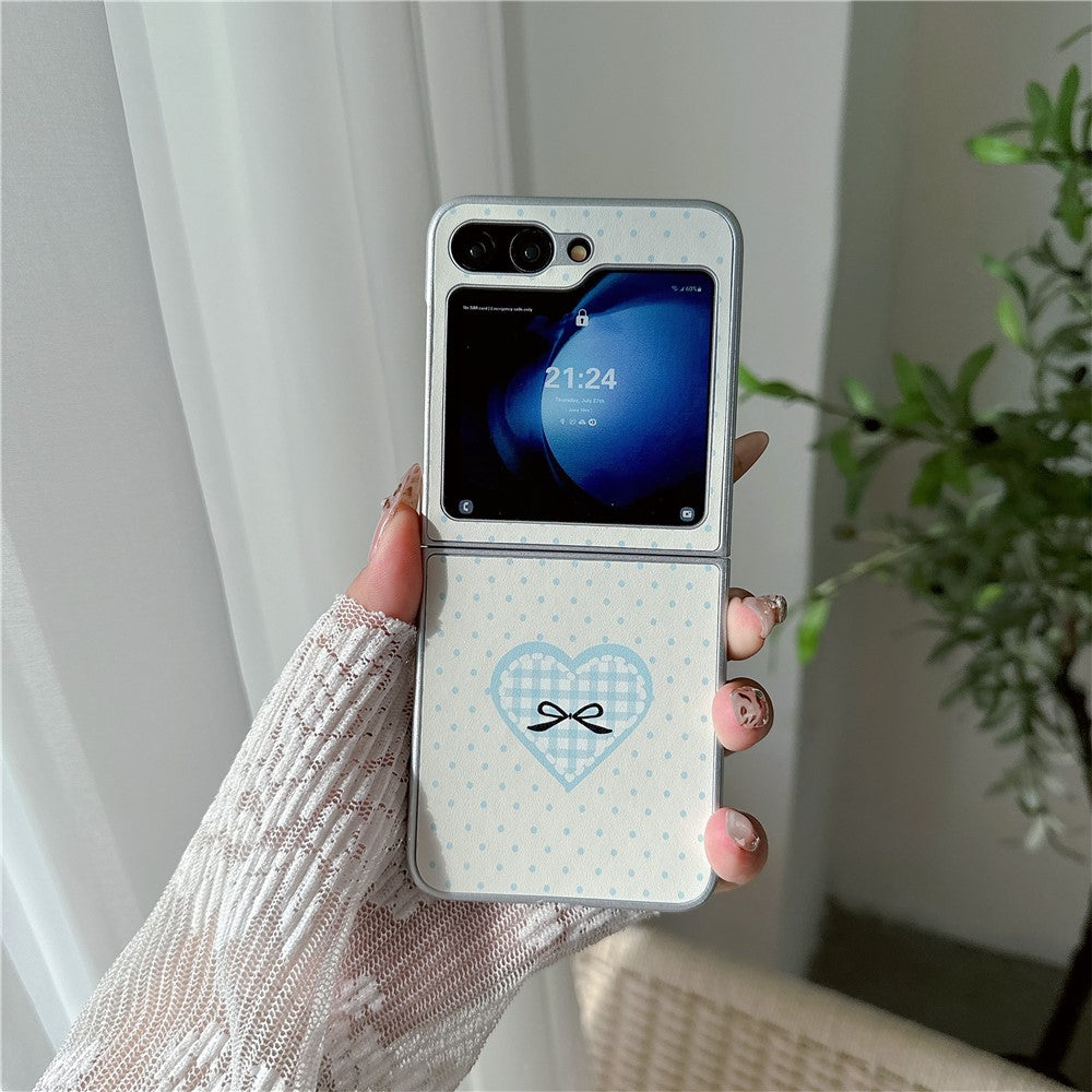 For Samsung Galaxy Z Flip7 FE 5G / Z Flip6 5G Case Dots Heart Pattern Leather+PC Phone Cover with Hand Strap - Blue