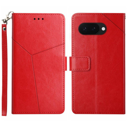 HT01 For Google Pixel 9a Case Y-Shaped Lines Imprint Leather Phone Cover - Red