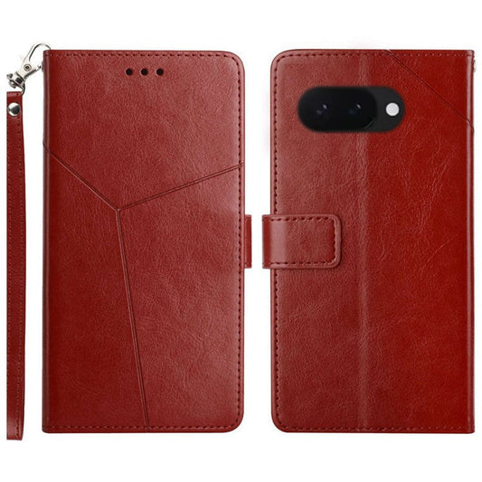 HT01 For Google Pixel 9a Case Y-Shaped Lines Imprint Leather Phone Cover - Brown