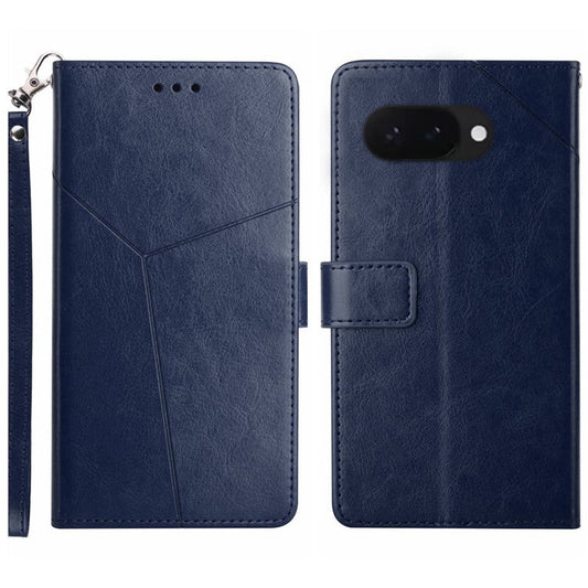 HT01 For Google Pixel 9a Case Y-Shaped Lines Imprint Leather Phone Cover - Blue