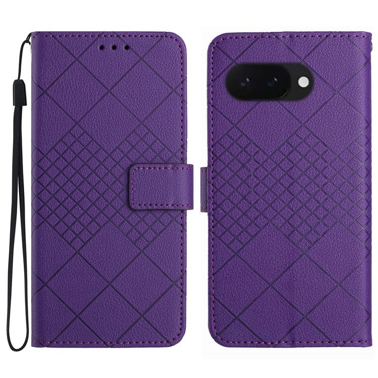 HT06 For Google Pixel 9a Wallet Phone Case Imprint PU Leather Flip Folio Cover - Dark Purple