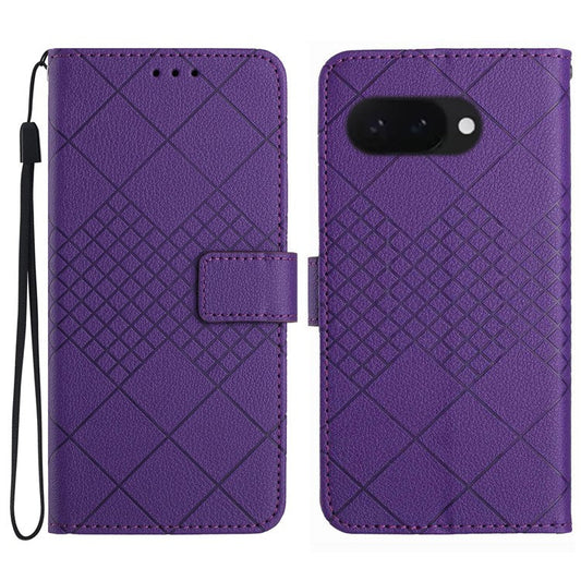 HT06 For Google Pixel 9a Wallet Phone Case Imprint PU Leather Flip Folio Cover - Dark Purple