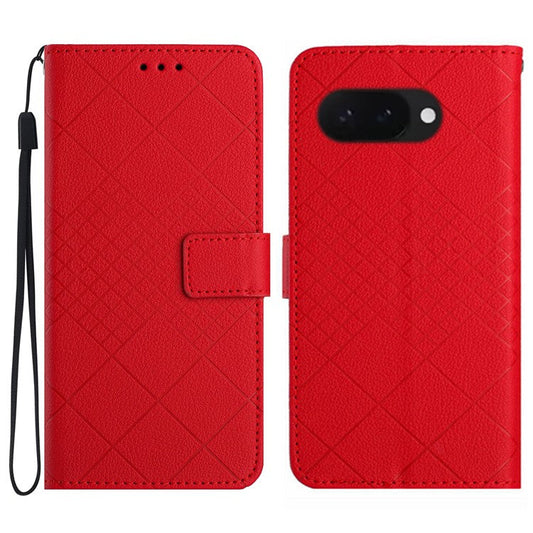 HT06 For Google Pixel 9a Wallet Phone Case Imprint PU Leather Flip Folio Cover - Red
