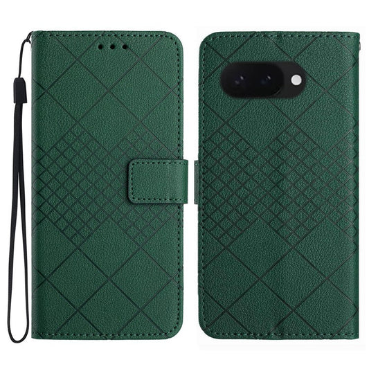 HT06 For Google Pixel 9a Wallet Phone Case Imprint PU Leather Flip Folio Cover - Green