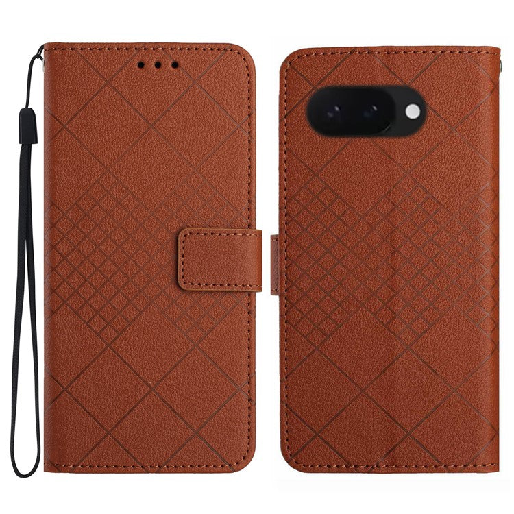 HT06 For Google Pixel 9a Wallet Phone Case Imprint PU Leather Flip Folio Cover - Brown