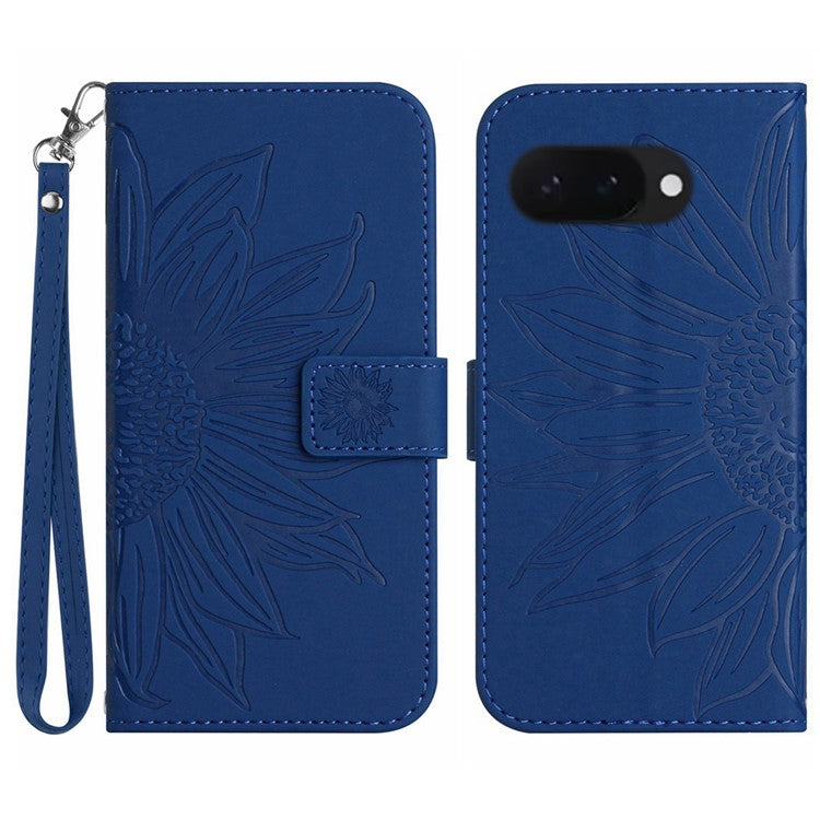 HT04 For Google Pixel 9a Case Sunflower Imprint Leather Wallet Phone Cover with Wrist Strap - Sapphire