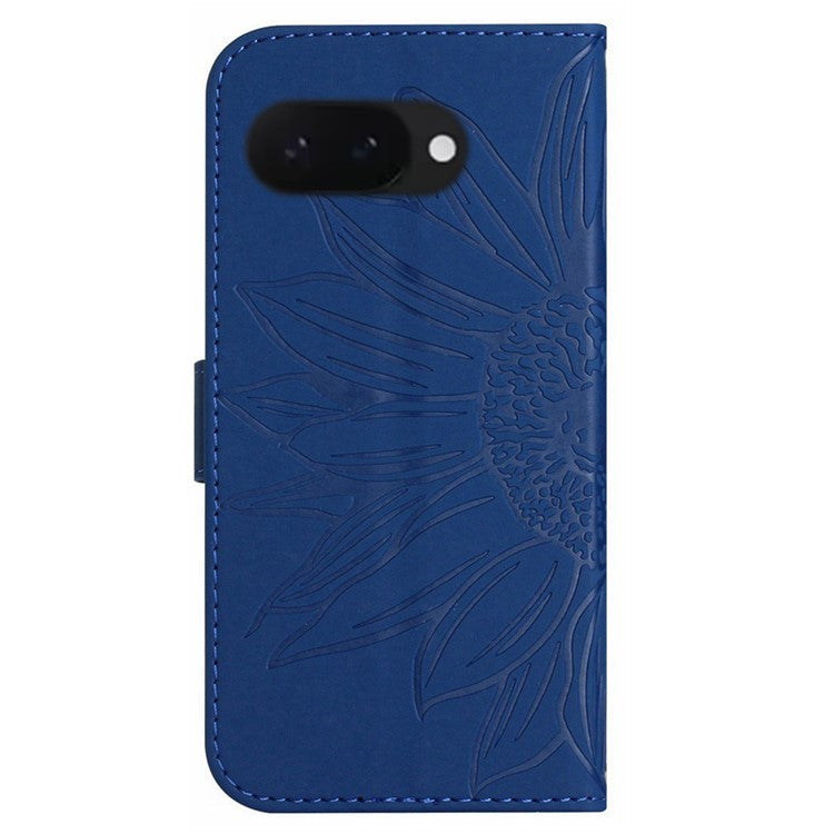 HT04 For Google Pixel 9a Case Sunflower Imprint Leather Wallet Phone Cover with Wrist Strap - Sapphire