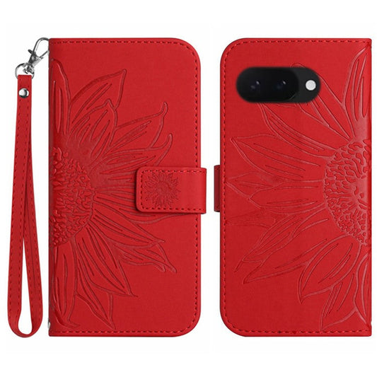 HT04 For Google Pixel 9a Case Sunflower Imprint Leather Wallet Phone Cover with Wrist Strap - Red