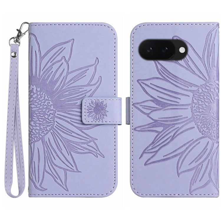 HT04 For Google Pixel 9a Case Sunflower Imprint Leather Wallet Phone Cover with Wrist Strap - Light Purple