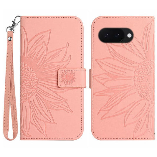 HT04 For Google Pixel 9a Case Sunflower Imprint Leather Wallet Phone Cover with Wrist Strap - Pink