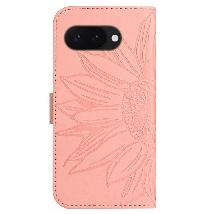 HT04 For Google Pixel 9a Case Sunflower Imprint Leather Wallet Phone Cover with Wrist Strap - Pink