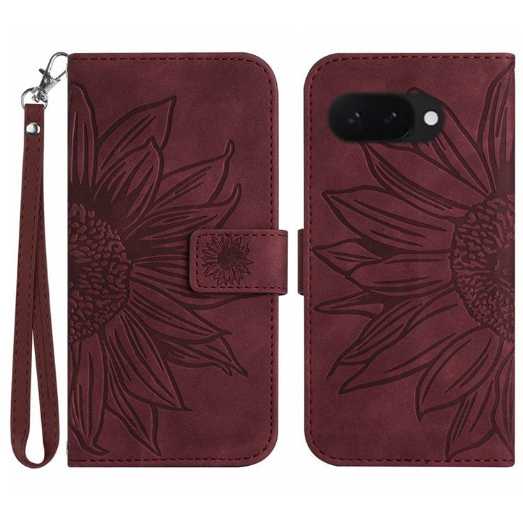 HT04 For Google Pixel 9a Case Sunflower Imprint Leather Wallet Phone Cover with Wrist Strap - Wine Red