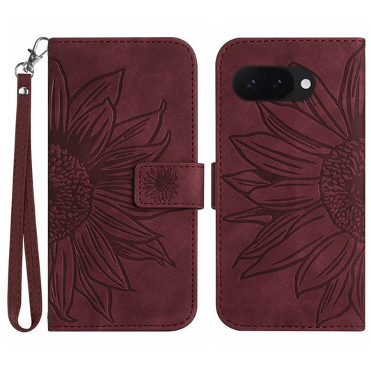 HT04 For Google Pixel 9a Case Sunflower Imprint Leather Wallet Phone Cover with Wrist Strap - Wine Red