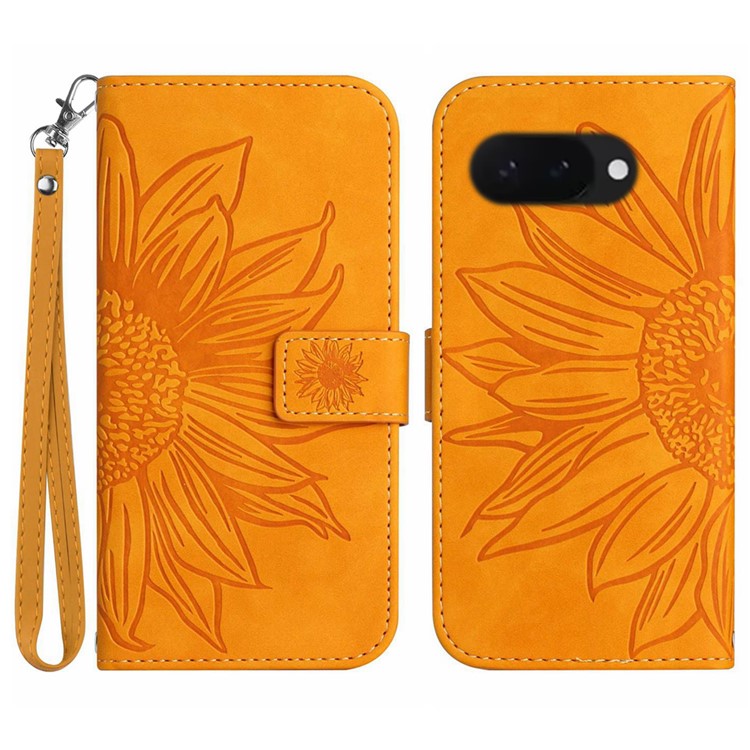 HT04 For Google Pixel 9a Case Sunflower Imprint Leather Wallet Phone Cover with Wrist Strap - Yellow