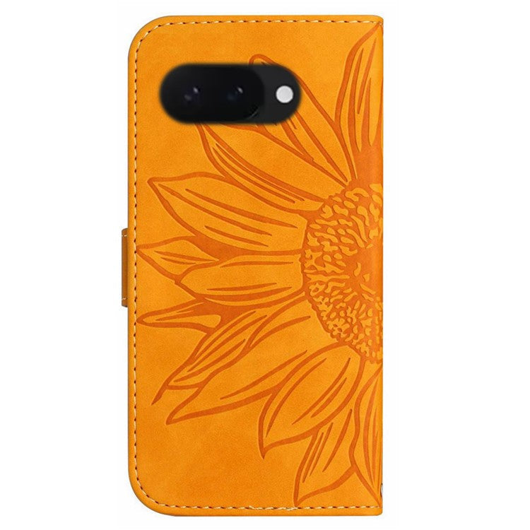 HT04 For Google Pixel 9a Case Sunflower Imprint Leather Wallet Phone Cover with Wrist Strap - Yellow