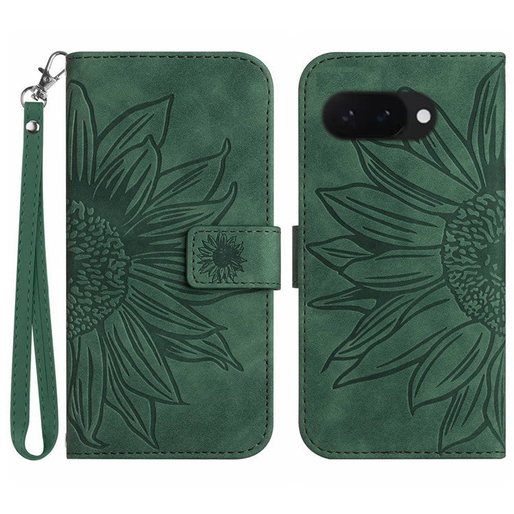 HT04 For Google Pixel 9a Case Sunflower Imprint Leather Wallet Phone Cover with Wrist Strap - Green
