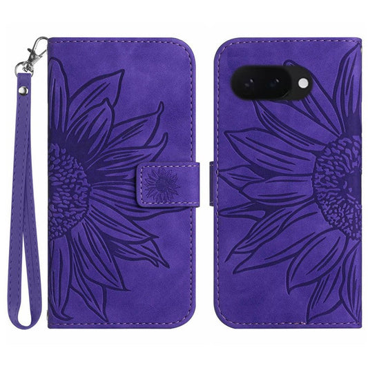 HT04 For Google Pixel 9a Case Sunflower Imprint Leather Wallet Phone Cover with Wrist Strap - Dark Purple