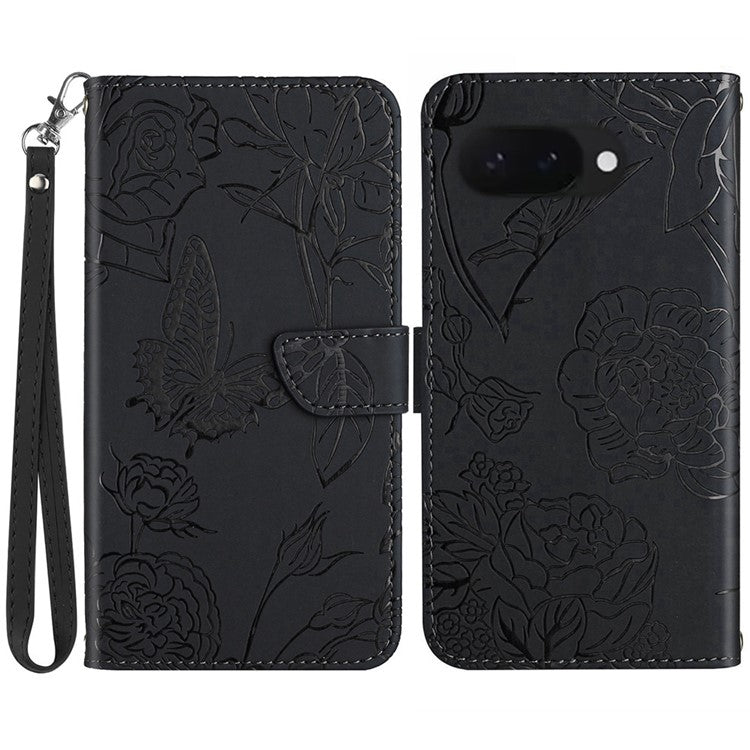 HT03 For Google Pixel 9a Case Butterfly Flower Imprint Leather Phone Cover with Strap - Black