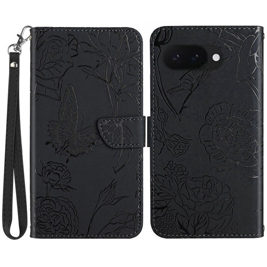 HT03 For Google Pixel 9a Case Butterfly Flower Imprint Leather Phone Cover with Strap - Black