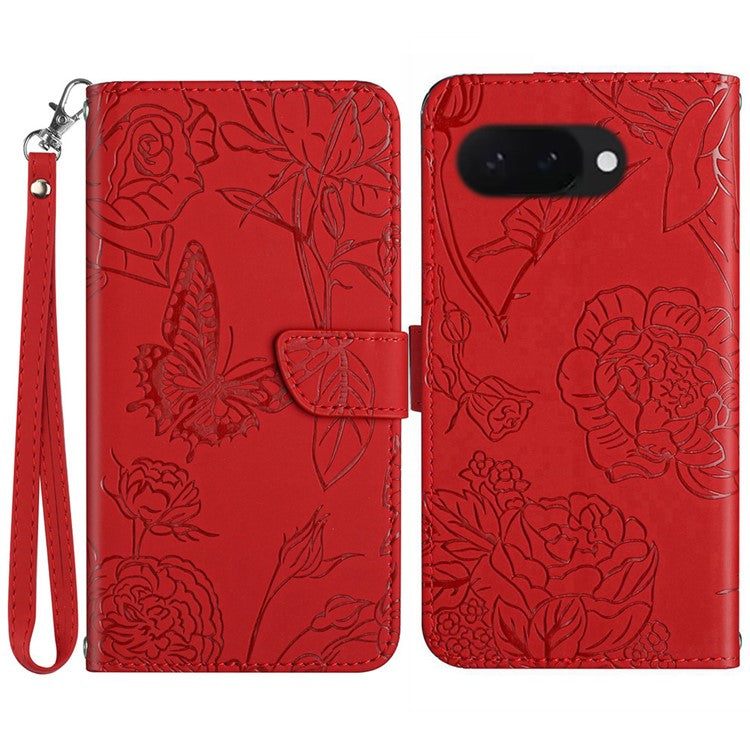 HT03 For Google Pixel 9a Case Butterfly Flower Imprint Leather Phone Cover with Strap - Red