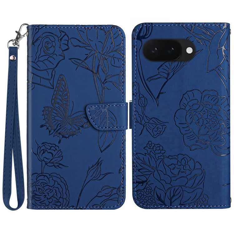 HT03 For Google Pixel 9a Case Butterfly Flower Imprint Leather Phone Cover with Strap - Blue