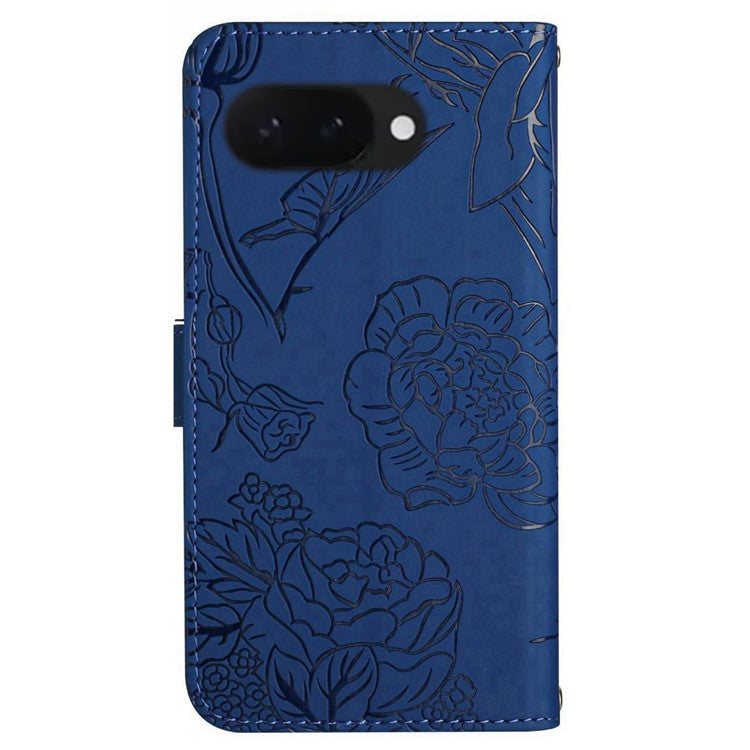 HT03 For Google Pixel 9a Case Butterfly Flower Imprint Leather Phone Cover with Strap - Blue