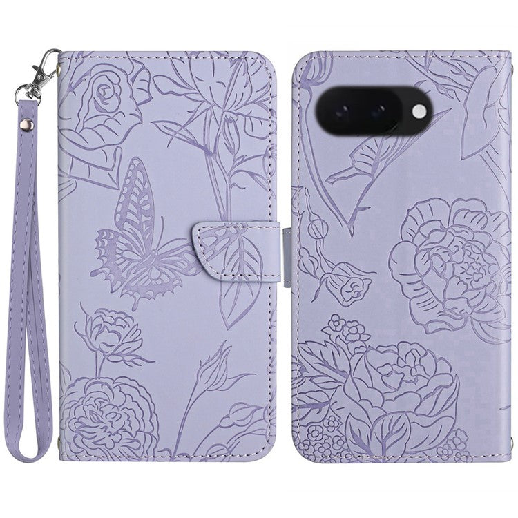 HT03 For Google Pixel 9a Case Butterfly Flower Imprint Leather Phone Cover with Strap - Purple