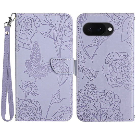 HT03 For Google Pixel 9a Case Butterfly Flower Imprint Leather Phone Cover with Strap - Purple