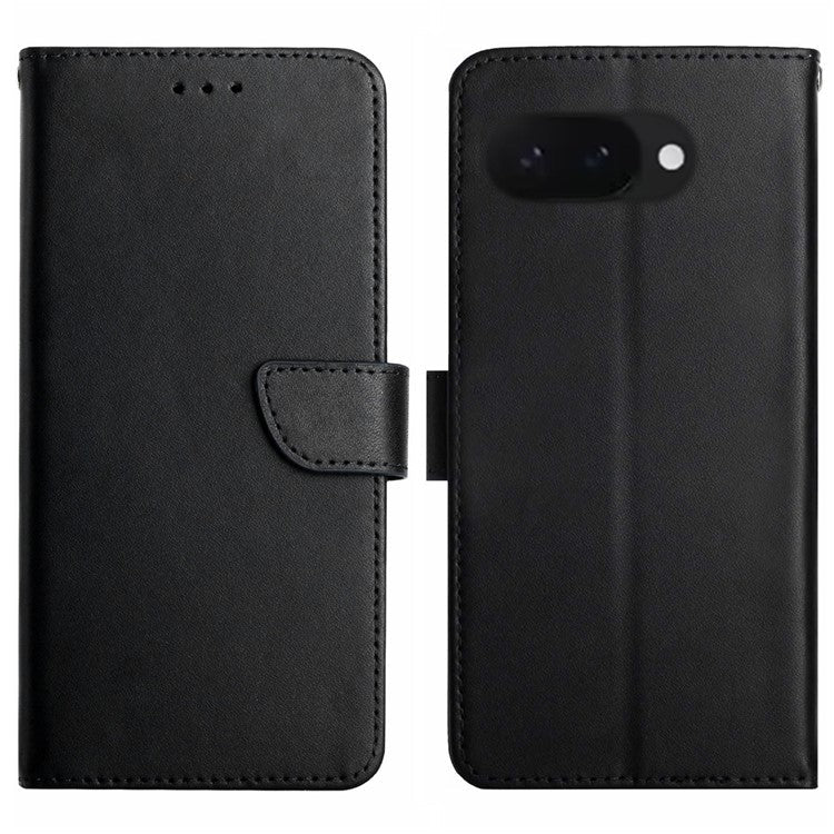 HT02 For Google Pixel 9a Case Genuine Cow Leather Phone Cover Nappa Texture - Black