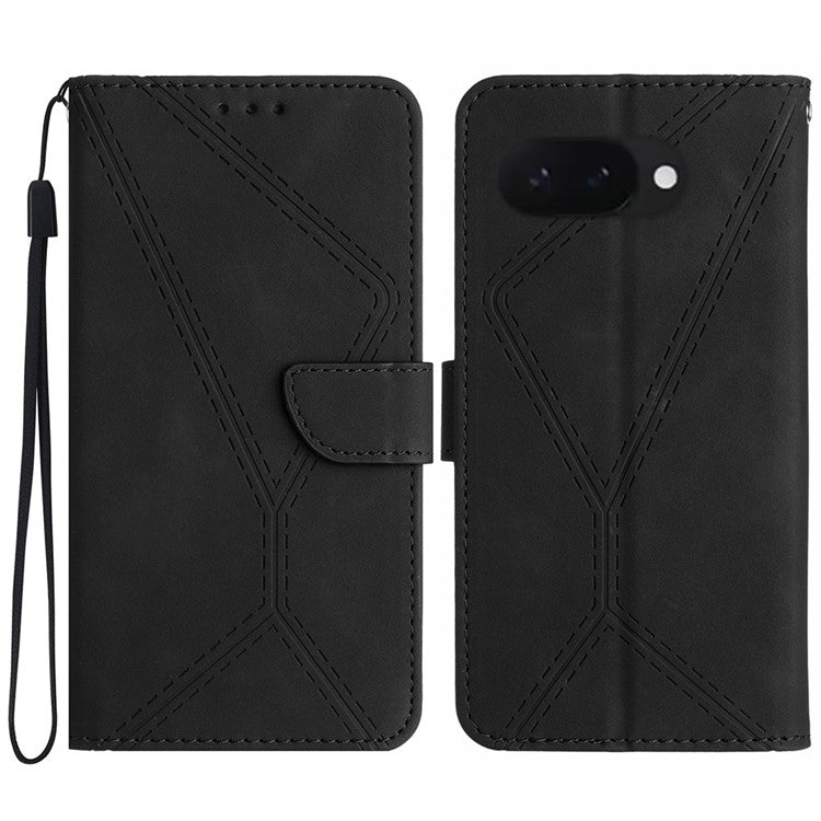 HT05 For Google Pixel 9a Case Skin-Touch Lines PU Leather Flip Phone Cover - Black