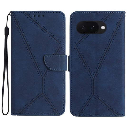 HT05 For Google Pixel 9a Case Skin-Touch Lines PU Leather Flip Phone Cover - Blue