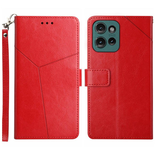 HT01 For Motorola Moto G75 5G Case Y-Shaped Lines Imprint Leather Phone Cover - Red