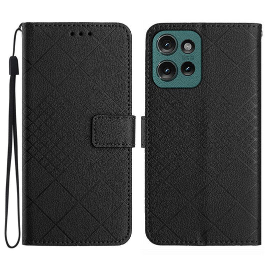 HT06 For Motorola Moto G75 5G Wallet Phone Case Imprint PU Leather Flip Folio Cover - Black