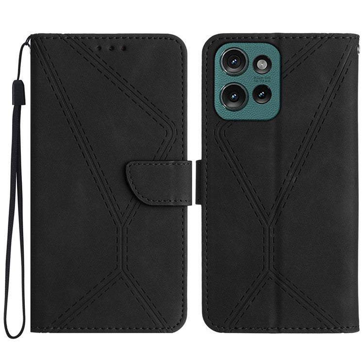 HT05 For Motorola Moto G75 5G Case Skin-Touch Lines PU Leather Flip Phone Cover - Black