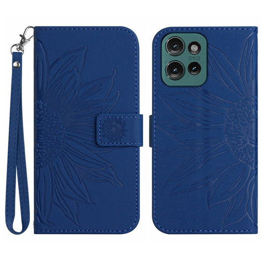 HT04 For Motorola Moto G75 5G Case Sunflower Imprint Leather Wallet Phone Cover with Wrist Strap - Sapphire