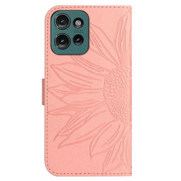 HT04 For Motorola Moto G75 5G Case Sunflower Imprint Leather Wallet Phone Cover with Wrist Strap - Pink