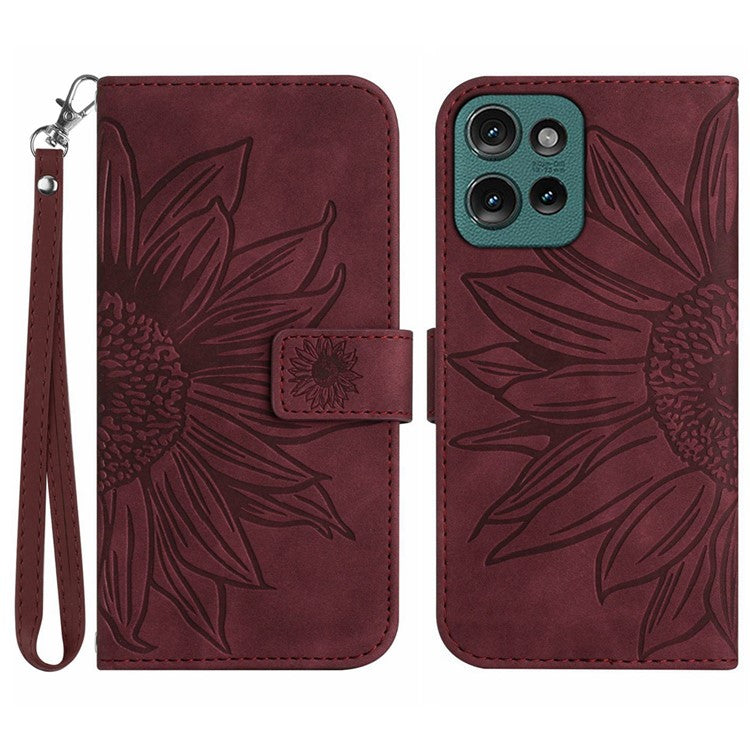 HT04 For Motorola Moto G75 5G Case Sunflower Imprint Leather Wallet Phone Cover with Wrist Strap - Wine Red