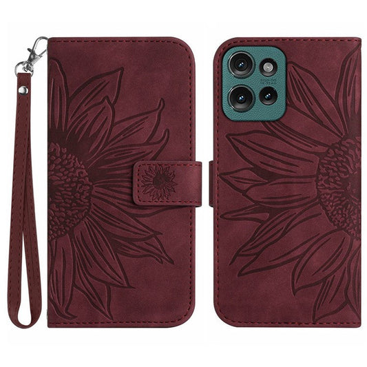 HT04 For Motorola Moto G75 5G Case Sunflower Imprint Leather Wallet Phone Cover with Wrist Strap - Wine Red