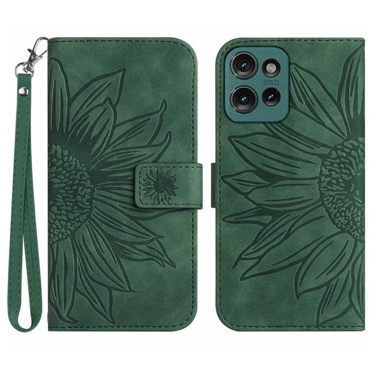 HT04 For Motorola Moto G75 5G Case Sunflower Imprint Leather Wallet Phone Cover with Wrist Strap - Green