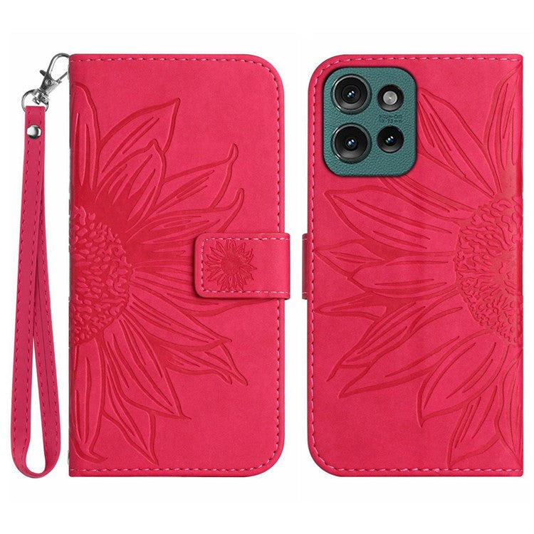 HT04 For Motorola Moto G75 5G Case Sunflower Imprint Leather Wallet Phone Cover with Wrist Strap - Rose
