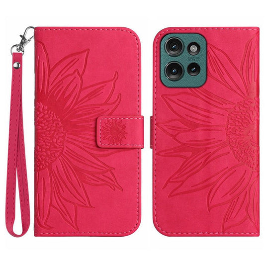 HT04 For Motorola Moto G75 5G Case Sunflower Imprint Leather Wallet Phone Cover with Wrist Strap - Rose